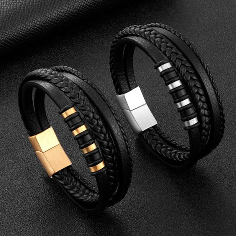 Pulsera de Cuero y Acero Inoxidable Hombre con Hebilla Magnético