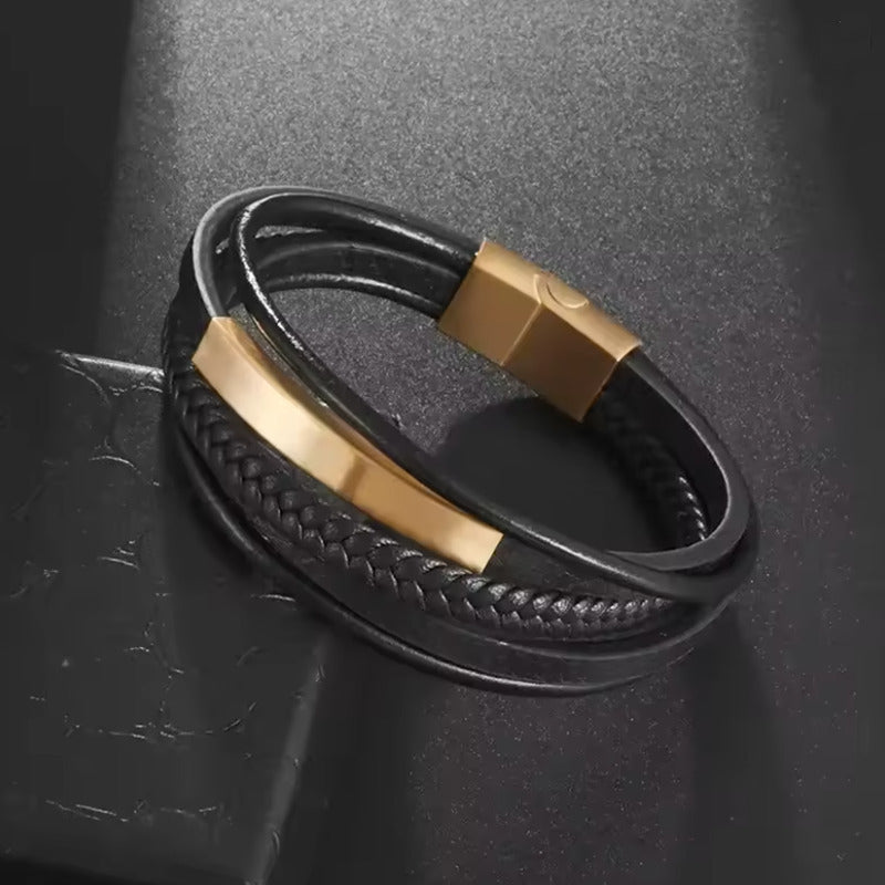 Pulsera de Cuero y Acero Inoxidable Hombre con Hebilla Magnética