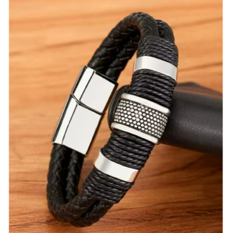 Pulsera de Cuero con Acero Inoxidable Hombre Hebilla Magnetica