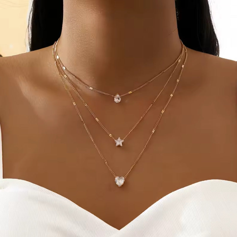 Collar Cadena Acero Inoxidable Trío con Dijes Diamante, Estrella y Corazón