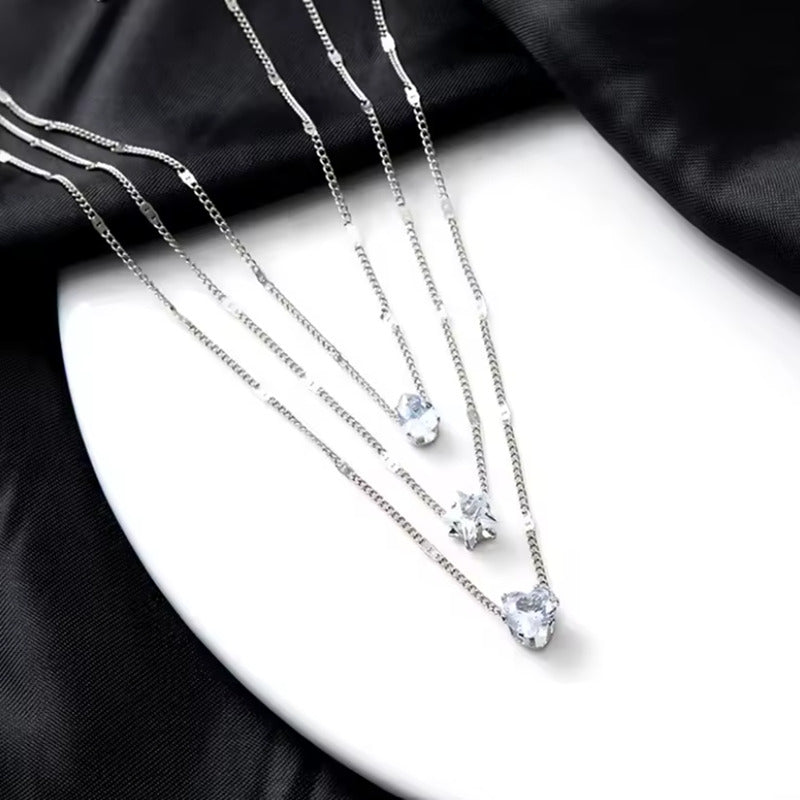 Collar Cadena Acero Inoxidable Trío con Dijes Diamante, Estrella y Corazón