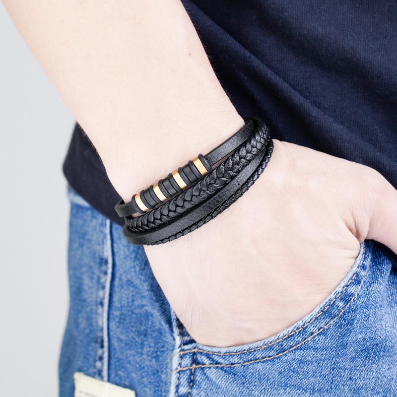 Pulsera de Cuero y Acero Inoxidable Hombre con Hebilla Magnético