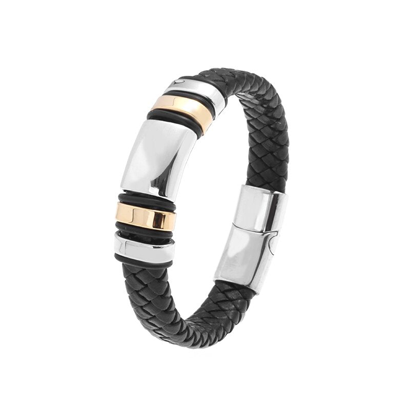 Pulsera de Cuero y Acero Inoxidable Hombre Hebilla Magnetica