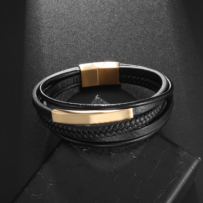 Pulsera de Cuero y Acero Inoxidable Hombre con Hebilla Magnética