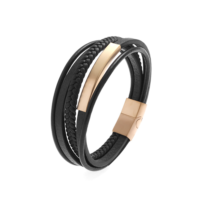 Pulsera de Cuero y Acero Inoxidable Hombre con Hebilla Magnética