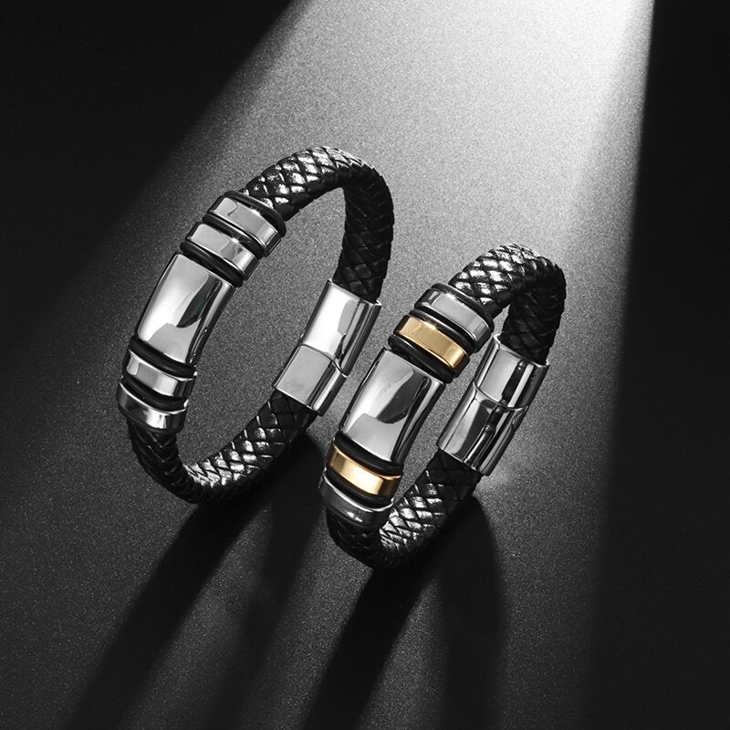 Pulsera de Cuero y Acero Inoxidable Hombre Hebilla Magnetica