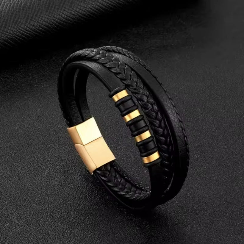 Pulsera de Cuero y Acero Inoxidable Hombre con Hebilla Magnético